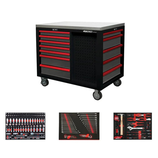 BoxoUSA Pro Series | 45” 12-Drawer Workstation Tool Box with 222-Piece Master Tool Set 45WSM-BK