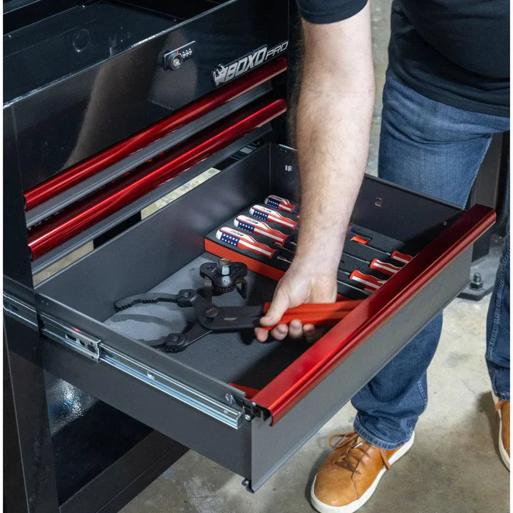 BOXO Pro Service Cart top compartment with US flag tape measures