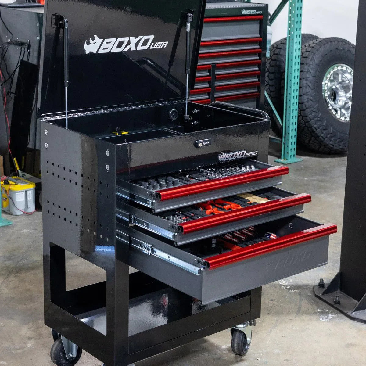 BoxoUSA Pro Series | 28" 3-Drawer Flip Top Service Cart Tool Box with 222-Piece Master Tool Set 28BM-BK-R