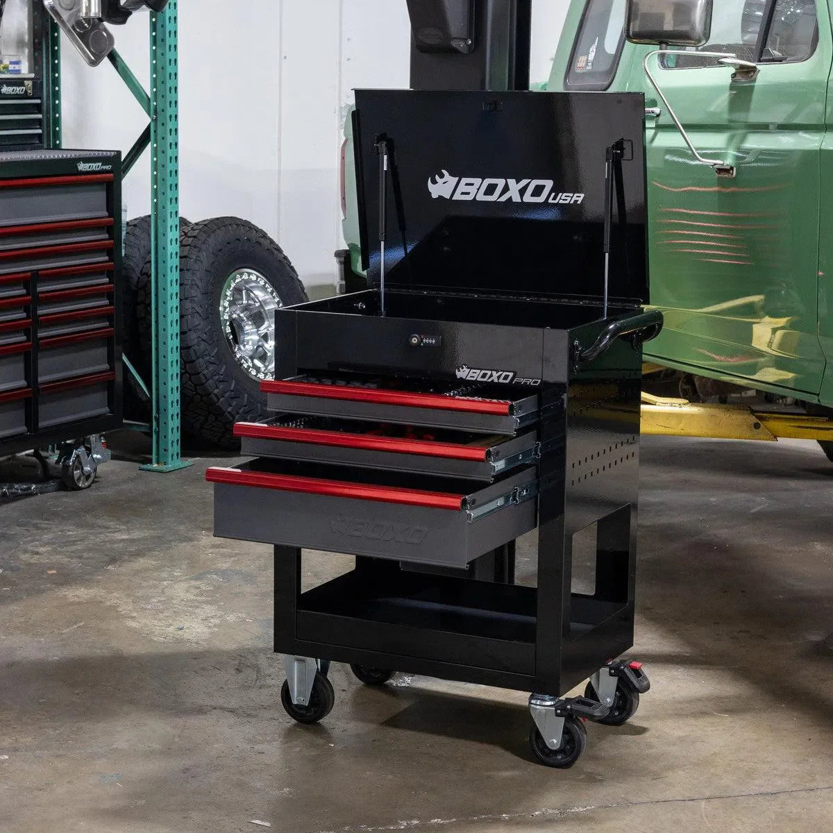 BoxoUSA Pro Series | 28" 3-Drawer Flip top Service Cart Tool Box UAS2603LM-BK-R