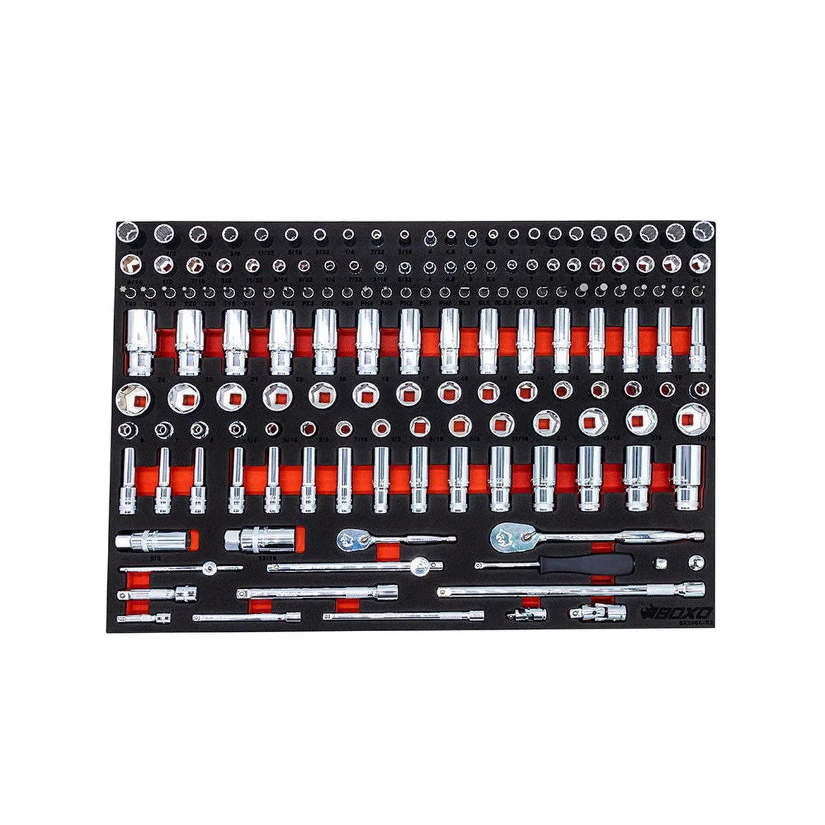 BoxoUSA Pro Series | 26" 11-Drawer Rolling Tool Box with 222-Piece Master Tool Set | White and Red 26TBM-W-R1