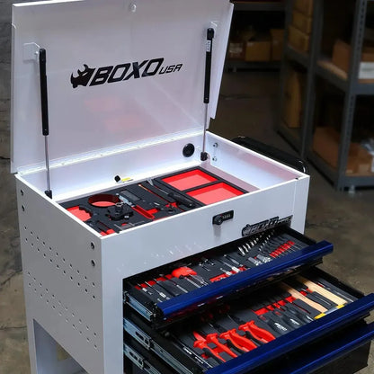 BoxoUSA Pro Series | 28" 3-Drawer Flip-Top Service Cart with 160-Piece Quick Service Master Tool Set 28BQS-BK-R