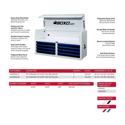 BoxoUSA Pro Series | 53" 20-Drawer Rolling Tool Box | Black and Blue 53TB-BK-B