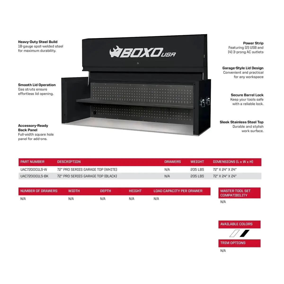 BoxoUSA Pro Series | 72" 14-Drawer Garage Top Rolling Tool Box with 222-Piece Master Tool Set | Black 72TBM-BK-R