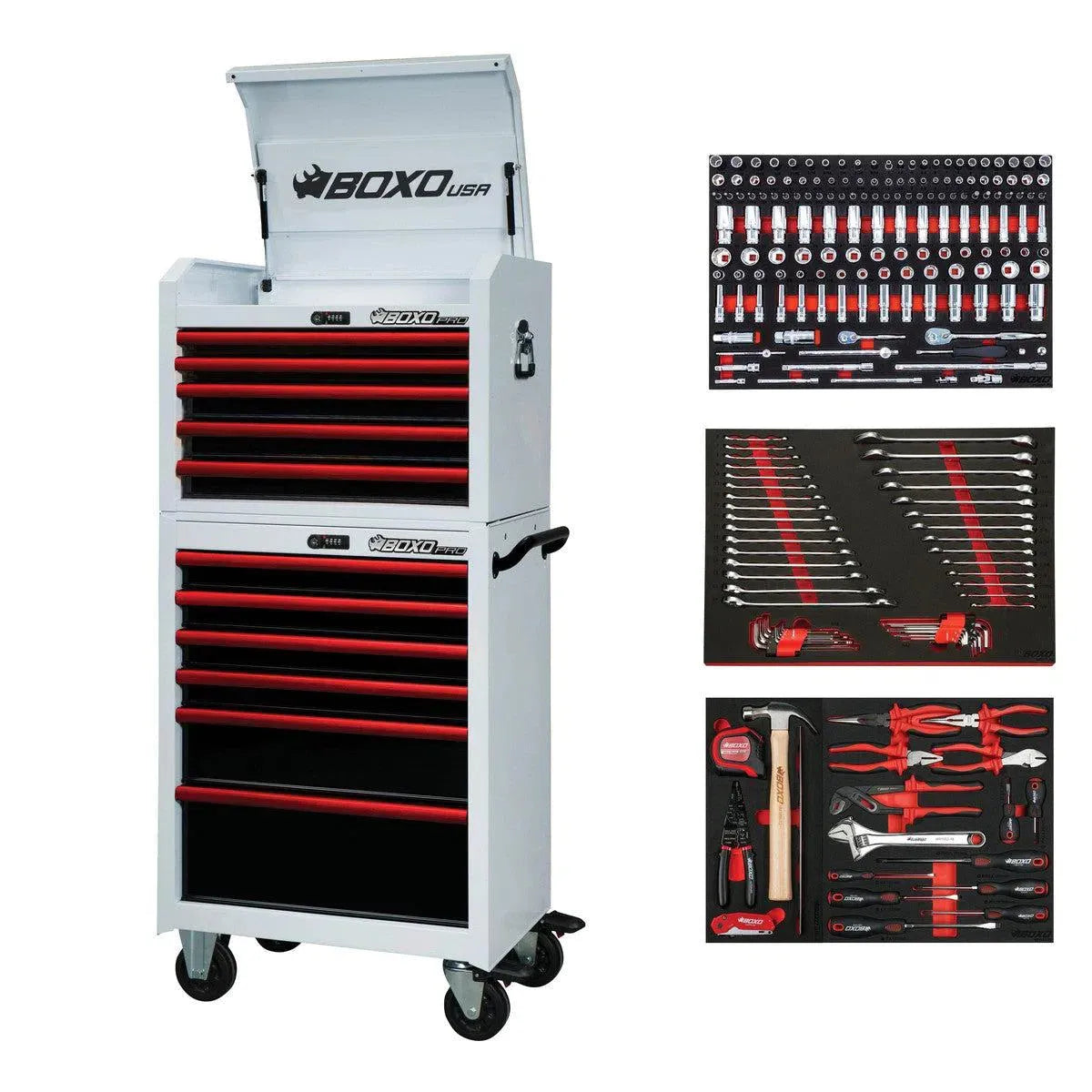 BoxoUSA Pro Series | 26" 11-Drawer Rolling Tool Box with 222-Piece Master Tool Set | White and Red 26TBM-W-R1
