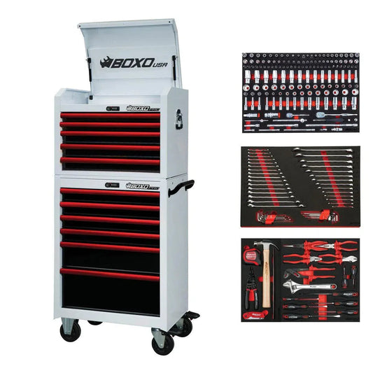 BoxoUSA Pro Series | 26" 11-Drawer Rolling Tool Box with 222-Piece Master Tool Set | White and Red 26TBM-W-R1