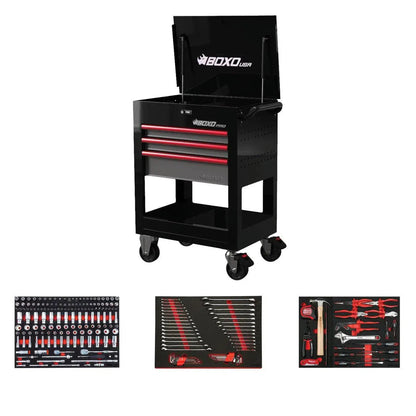 BoxoUSA Pro Series | 28" 3-Drawer Flip Top Service Cart Tool Box with 222-Piece Master Tool Set 28BM-BK-R