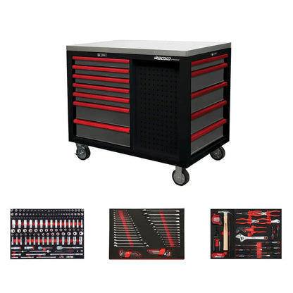 BoxoUSA Pro Series | 45” 12-Drawer Workstation Tool Box with 222-Piece Master Tool Set 45WSM-BK