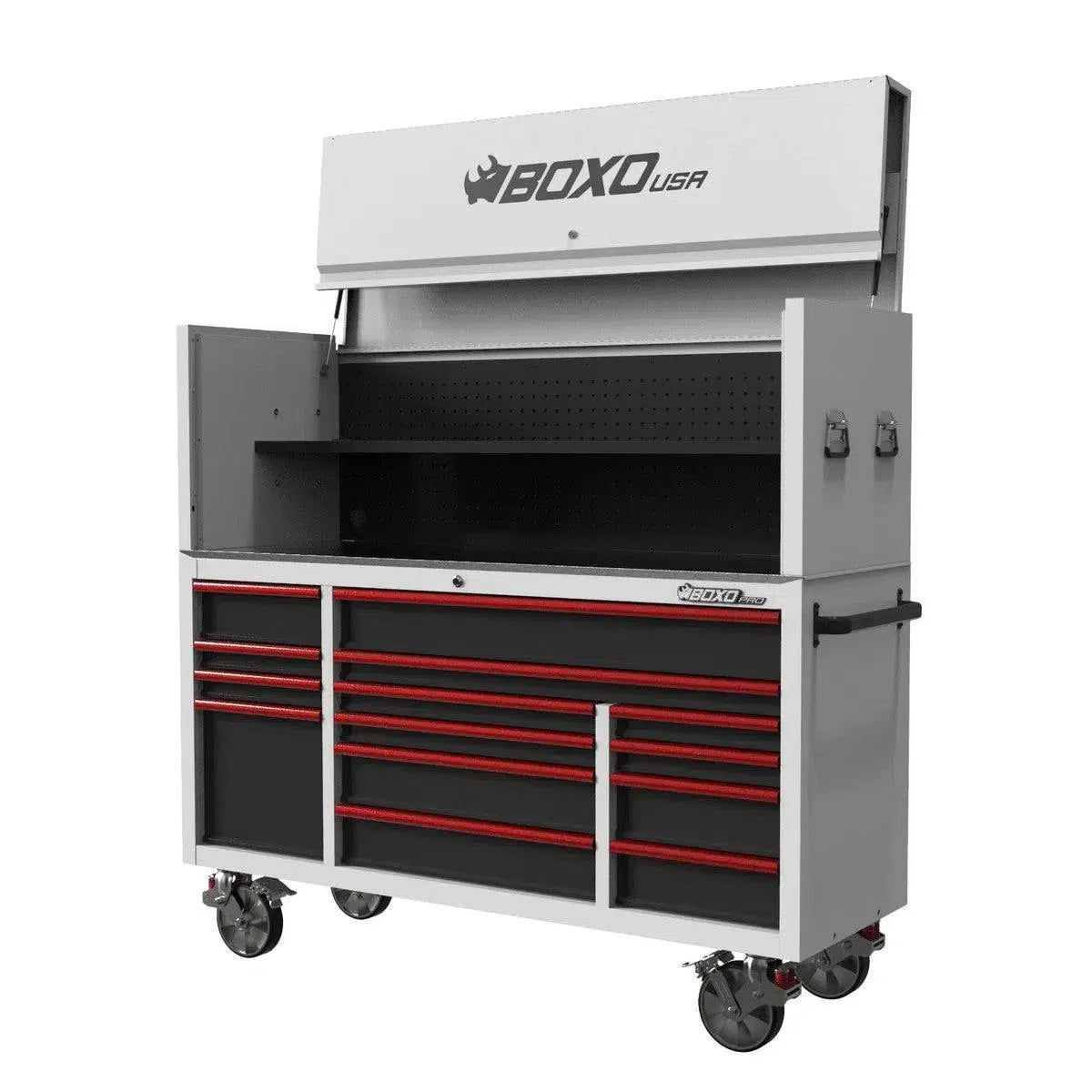 BoxoUSA Pro Series | 72" 14-Drawer Garage Top Rolling Tool Box with 222-Piece Master Tool Set | White 72TBM-W-R