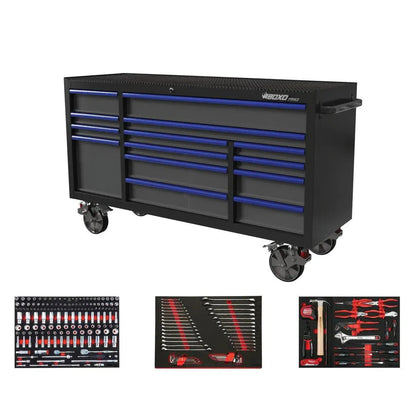 BoxoUSA Pro Series | 72" 14-Drawer Rolling Tool Box with 222-Piece Master Tool Set 72BM-BK-B2
