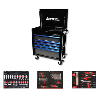 BoxoUSA Pro Series | 35" 5-Drawer Flip-Top Service Cart Tool Box with 222-Piece Master Tool Set 35FBM-BK-B