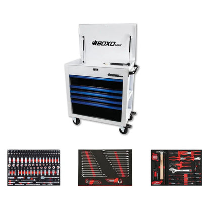BoxoUSA Pro Series | 35" 5-Drawer Flip-Top Service Cart Tool Box with 222-Piece Master Tool Set 35FBM-W-B