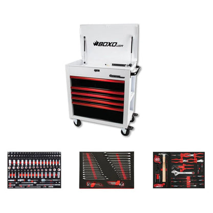 BoxoUSA Pro Series | 35" 5-Drawer Flip-Top Service Cart Tool Box with 222-Piece Master Tool Set 35FBM-W-R