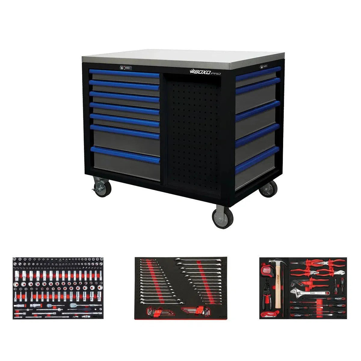 BoxoUSA Pro Series | 45” 12-Drawer Workstation Tool Box with 222-Piece Master Tool Set 45WSM-BK-B