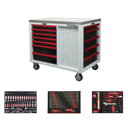 BoxoUSA Pro Series | 45” 12-Drawer Workstation Tool Box with 222-Piece Master Tool Set 45WSM-W