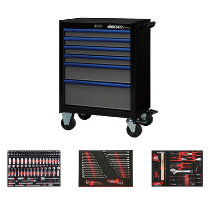 BoxoUSA Pro Series | 26" 6-Drawer Rolling Tool Box with 222-Piece Master Tool Set 26BM-BK-B