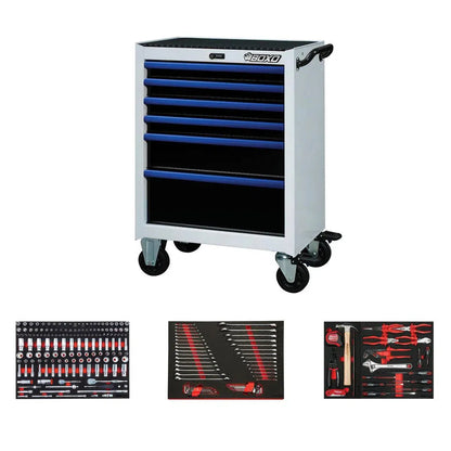 BoxoUSA Pro Series | 26" 6-Drawer Rolling Tool Box with 222-Piece Master Tool Set 26BM-W-B