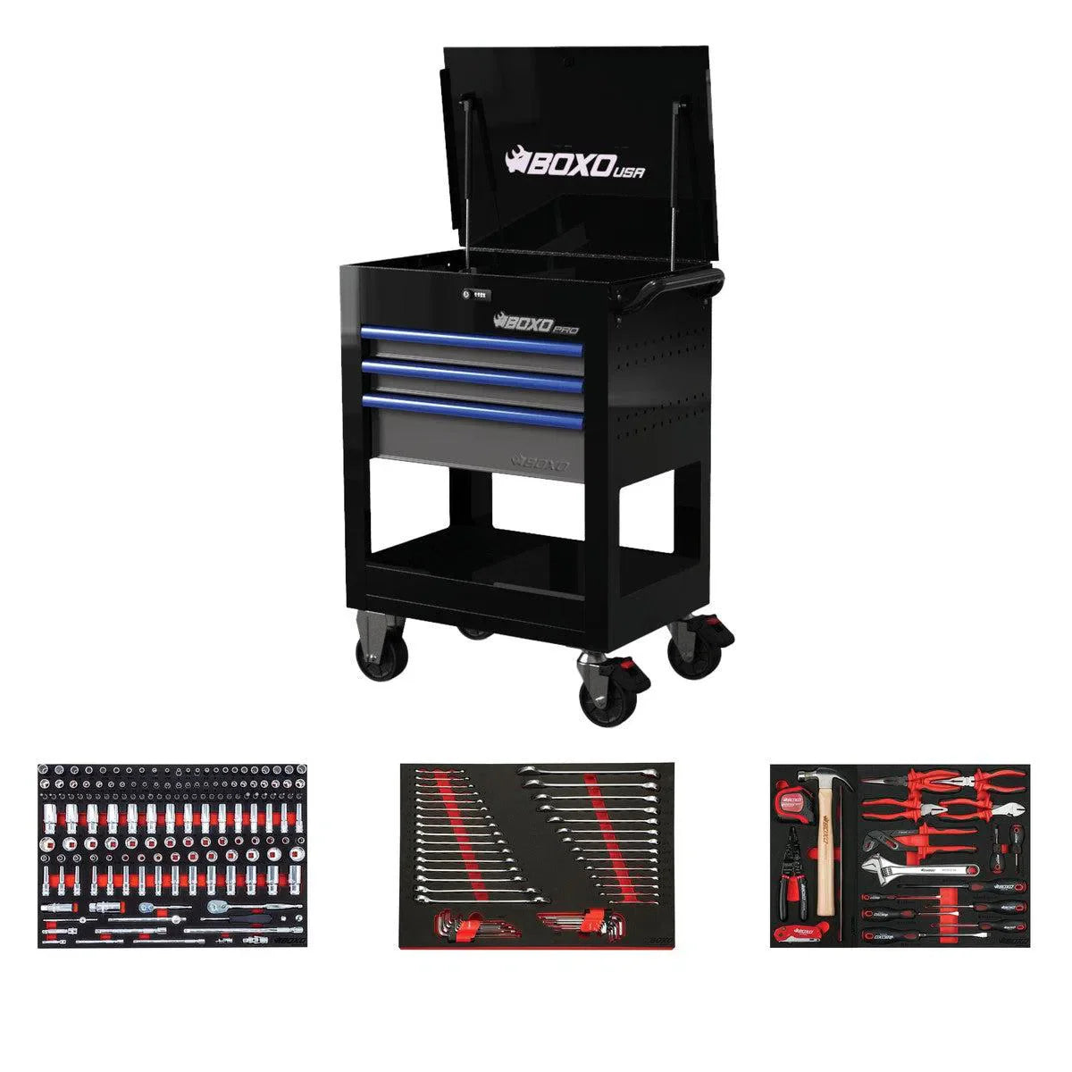 BoxoUSA Pro Series | 28" 3-Drawer Flip Top Service Cart Tool Box with 222-Piece Master Tool Set 28BM-BK-B