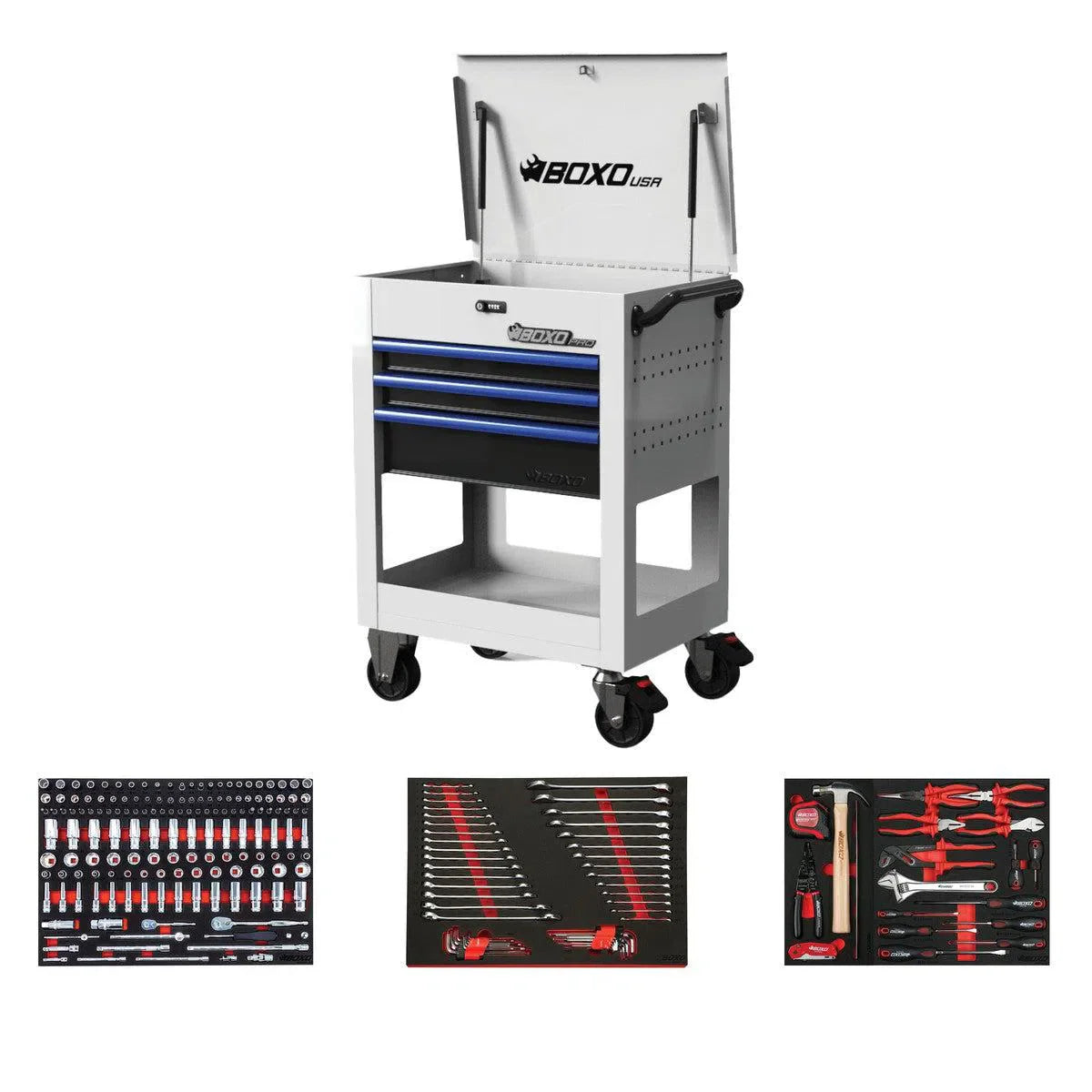 BoxoUSA Pro Series | 28" 3-Drawer Flip Top Service Cart Tool Box with 222-Piece Master Tool Set 28BM-W-B