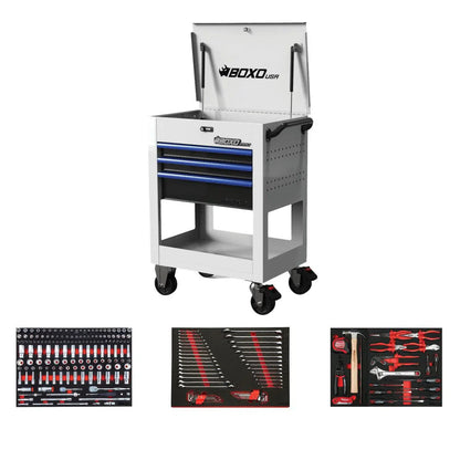 BoxoUSA Pro Series | 28" 3-Drawer Flip Top Service Cart Tool Box with 222-Piece Master Tool Set 28BM-W-B