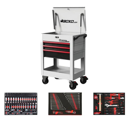 BoxoUSA Pro Series | 28" 3-Drawer Flip Top Service Cart Tool Box with 222-Piece Master Tool Set 28BM-W-R