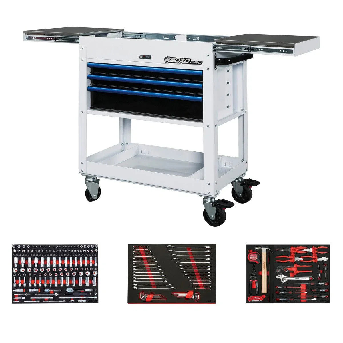 BoxoUSA Pro Series | 35" 3-Drawer Slide-Top Service Cart Tool Box with 222-Piece Master Tool Set 35SBM-W-B