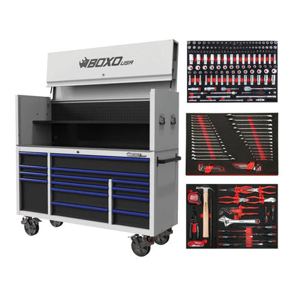 BoxoUSA Pro Series | 72" 14-Drawer Garage Top Rolling Tool Box with 222-Piece Master Tool Set | White 72TBM-W-B