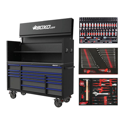 BoxoUSA Pro Series | 72" 14-Drawer Garage Top Rolling Tool Box with 222-Piece Master Tool Set | Black 72TBM-BK-B