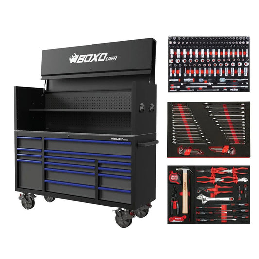 BoxoUSA Pro Series | 72" 14-Drawer Garage Top Rolling Tool Box with 222-Piece Master Tool Set | Black 72TBM-BK-B
