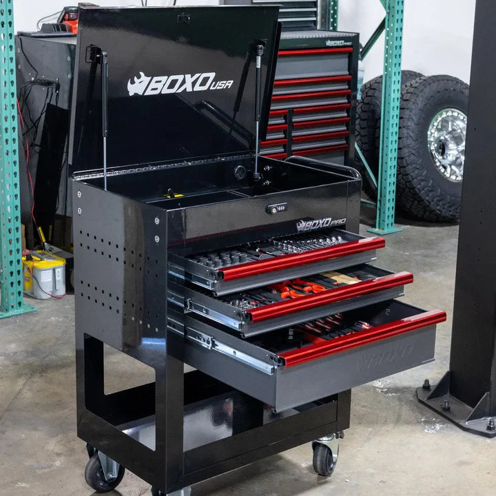 BOXO Pro Service Cart — full exterior view, drawers and lid open